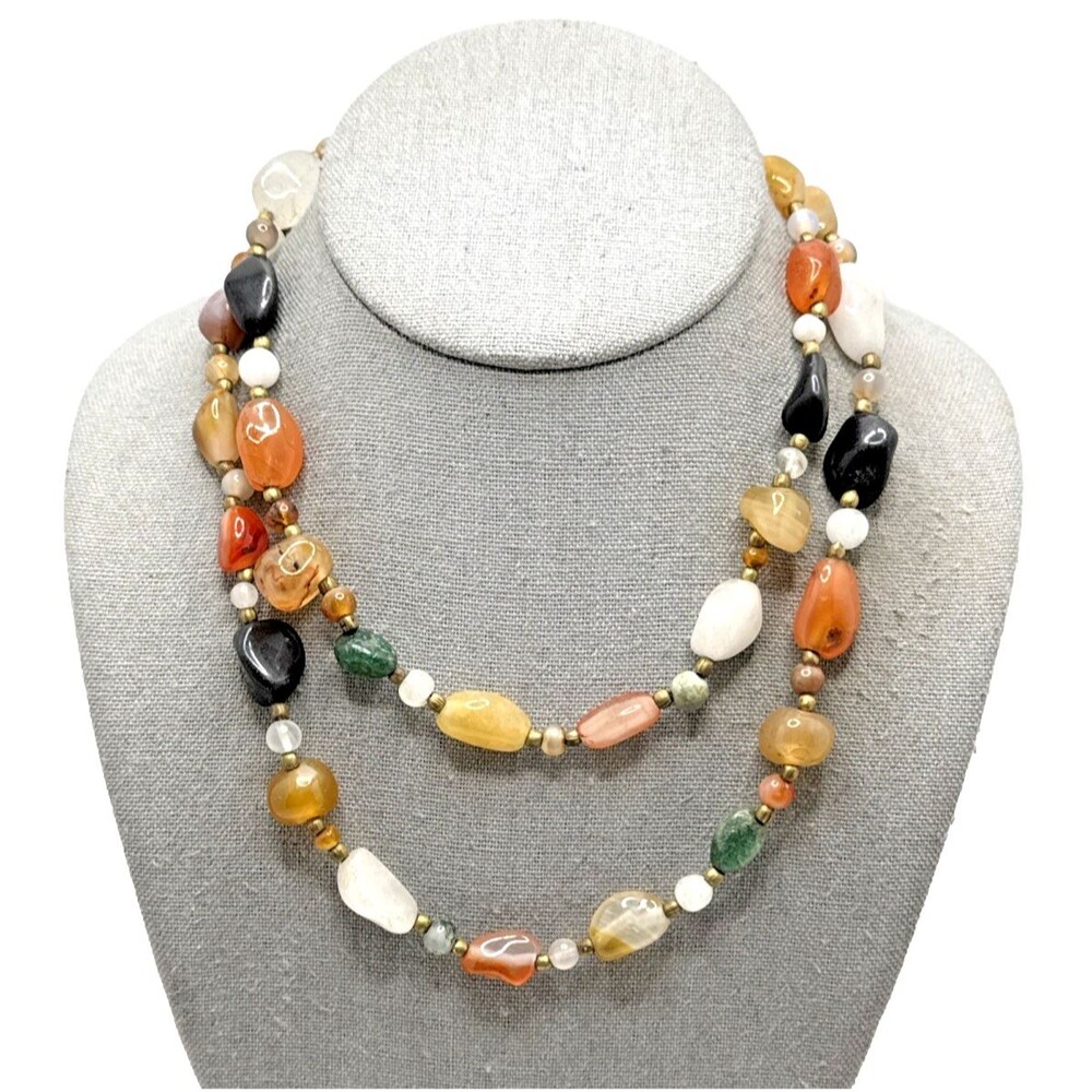 Vintage Semi Precious Stone Bead Necklace Quartz Agates Multicolor 36" Boho - Picture 2 of 9